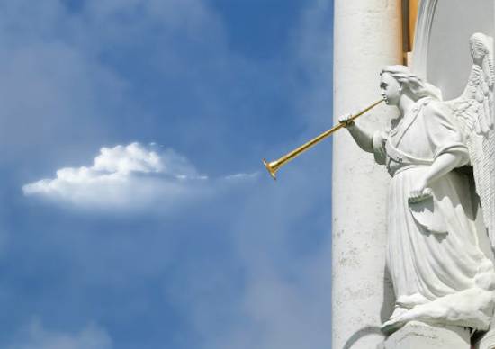 A statue of an angel blowing a golden trumpet illustrates how the end of the world and Jesus' return will be anything but quiet!