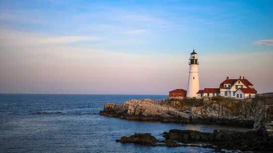 Portland Head Light in Cape Elizabeth, Maine as Puritans crossed the Atlantic to America in search of religious freedom