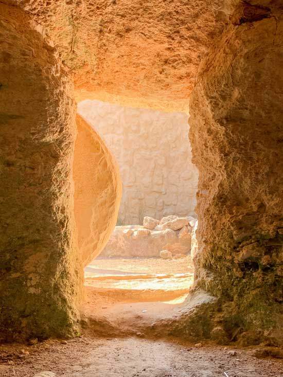 Jesus' open tomb as the stone was rolled away and He rose from the dead on the third day after His crucifixion.