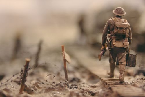 Soldier walking in a battlefield as we learn about Ellen White's vision about wars in 1861 which predicted the two world wars