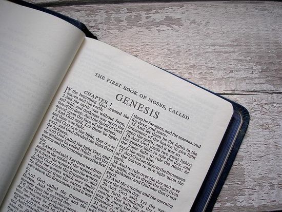 Bible opened in Genesis A Bible is opened to the first page of Genesis. Many believe Moses wrote the first five books of the Bible.