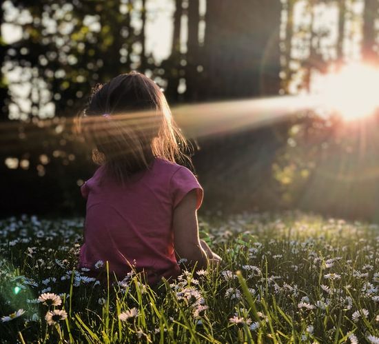 A child sitting in a field of flowers facing the sun's rays 