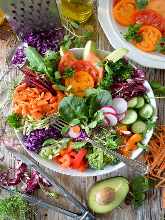 A salad of colorful vegetables for a whole food, plant-based diet
