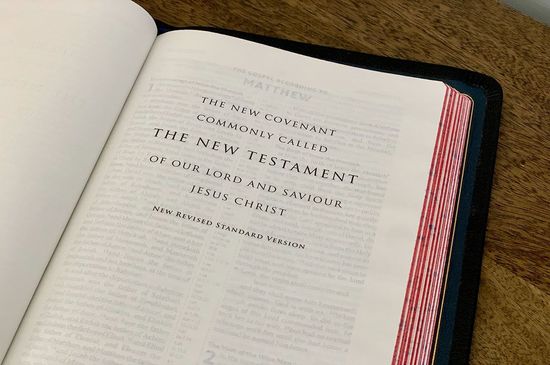 A Bible open to the beginning of the New Testament 