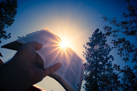 A hand holding up a Bible that is being illuminated by the sun