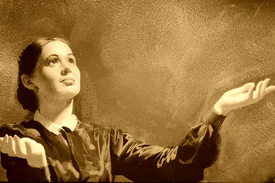 A black and white painting of Ellen White holding her hands up as she views a vision.