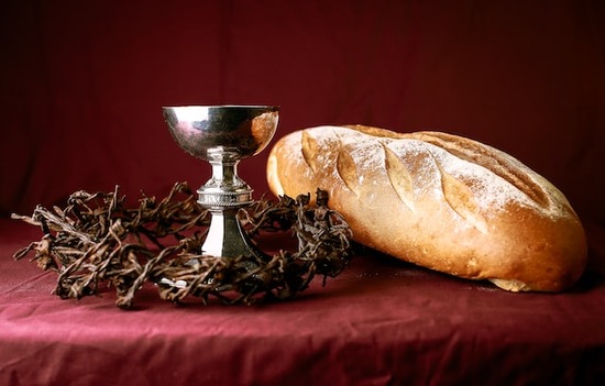 Bread and grape juice, food eaten during an Agape Feast to celebrate Jesus' death and resurrection