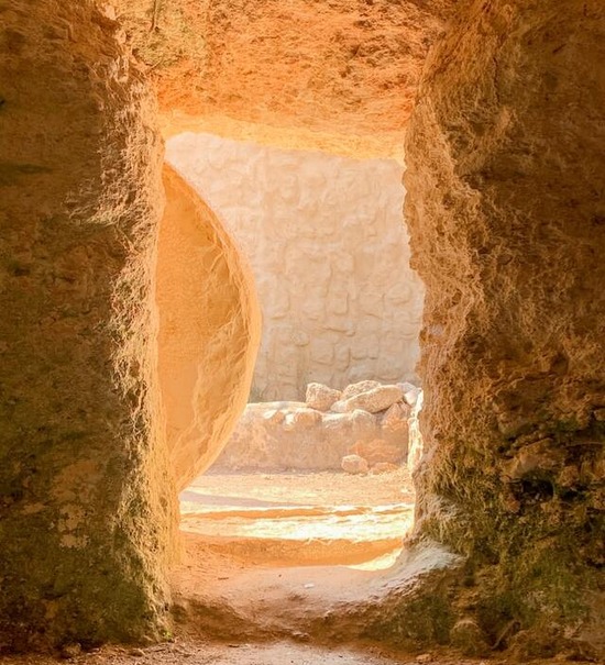 A stone rolled away from a tomb to represent Jesus' resurrection