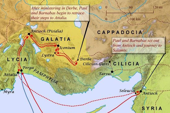 An illustrated map traces Paul and Barnabas's journey to Salamis, their journey to Attalia, and Mark's journey to Jerusalem.
