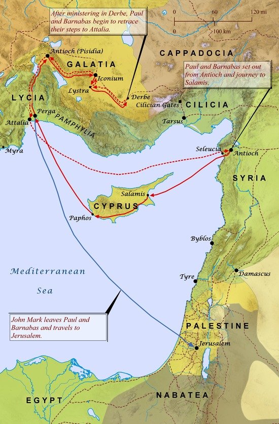 The route of Paul's first missionary journey throughout the Mediterranean region