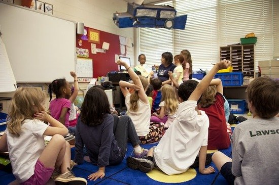 Children sitting and listening to a teacher in a classroom