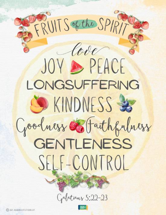 An infographic with fruit designs and the complete verses of Galatians 5:22-23 written out shows the many fruits of the Spirit mentioned in the the Bible.