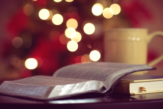 A Bible open with a Christmas tree lit in the background