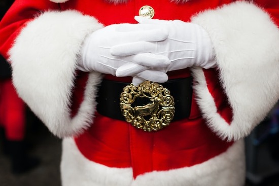 The red and white coat of Santa Claus