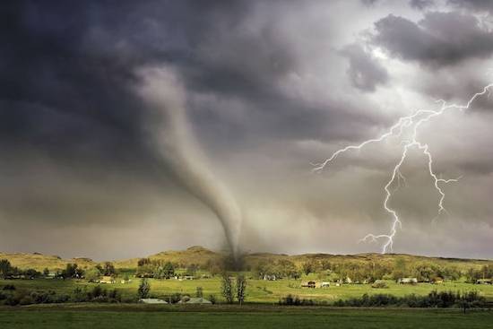 A tornado and lightning, signs in the natural world that indicate the nearness of Jesus' coming