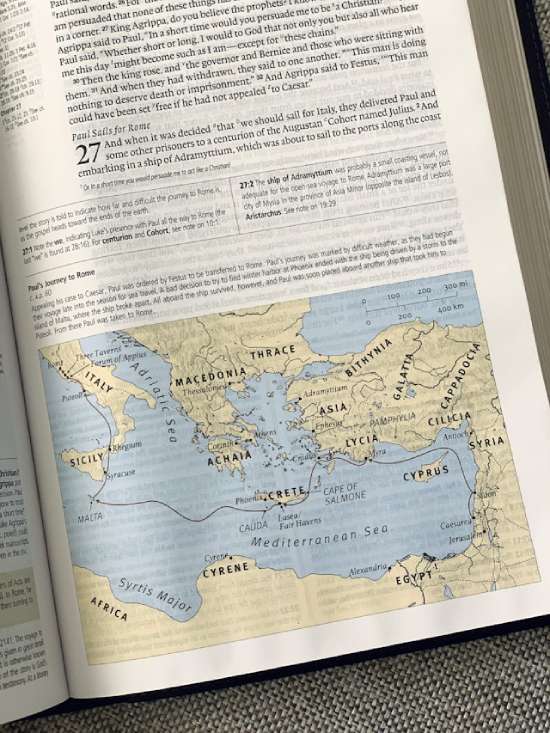 A map of the Mediterranean region, showing Paul's journey to Rome