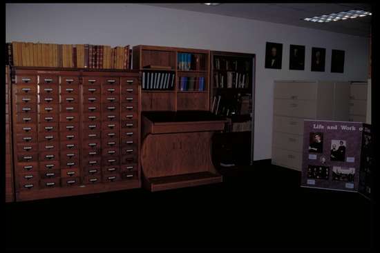 Shelves and drawers of Ellen White's books and manuscripts at the White Estate vault