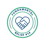 An icon of hands coming together in the shape of a heart to represent unity among believers and Fundamental Belief #14.