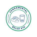 An icon of two loaves of bread and a cup of wine to represent the Lord's Supper and Fundamental Belief #16.