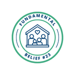 An icon of a family in a household with a heart above them to represent what Fundamental Belief #23 teaches about marriage and family.