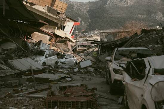 Crushed cars and building after an earthquake represent the natural disasters leading up to  Jesus' returns.