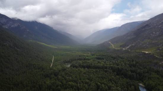 Country scene of mountains with a forest in the valley Clouds create mist over a mountain range that has a forested valley.